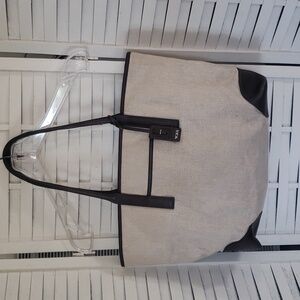 Tumi natural linen and leather trim shoulder tote travel bag